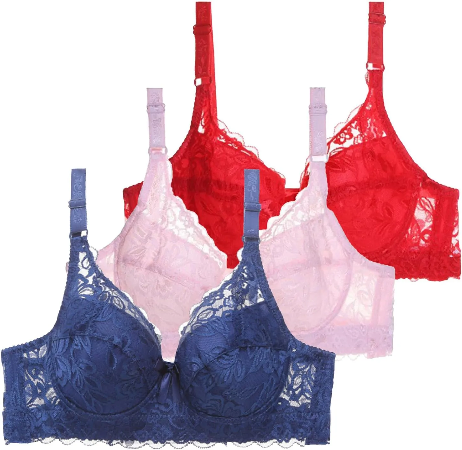 3-Pack Lace Underwire Push Up Bras for Women Full Coverage Adjustable Straps Anti-Sagging Breathable Lingerie Set Red