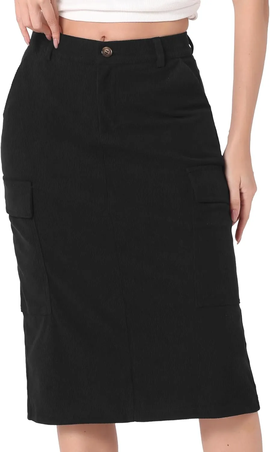 Allegra K Corduroy Cargo Skirts for Women's High Waisted Elastic Back H Line 2024 Fall Midi Skirt