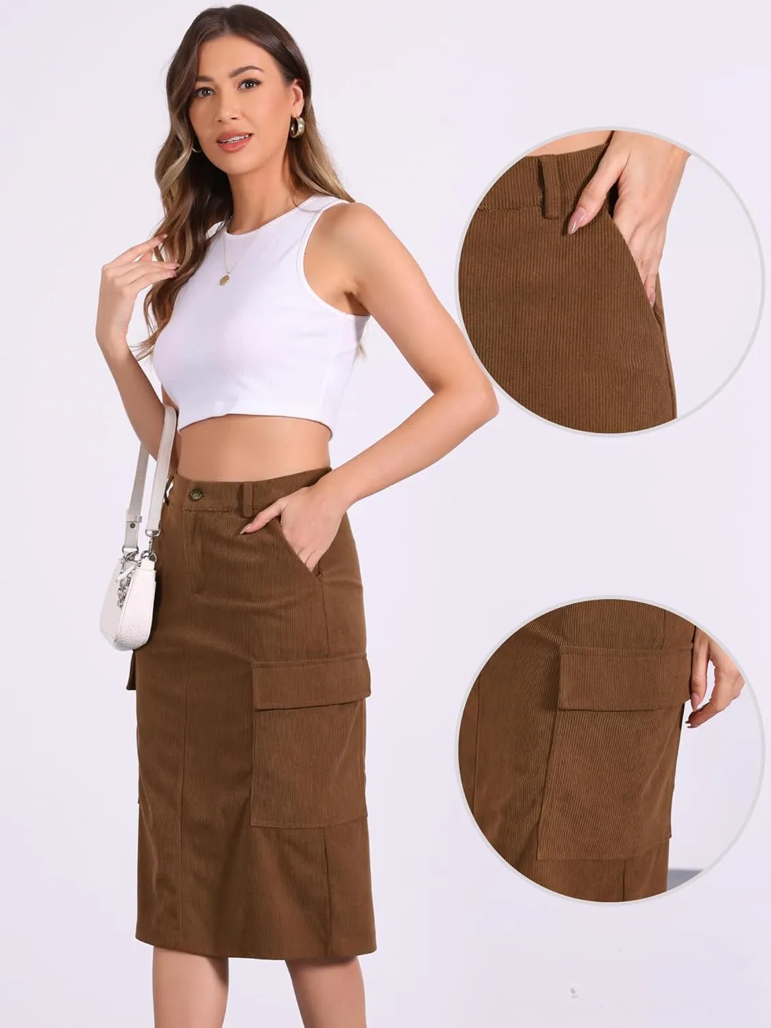 Allegra K Corduroy Cargo Skirts for Women's High Waisted Elastic Back H Line 2024 Fall Midi Skirt