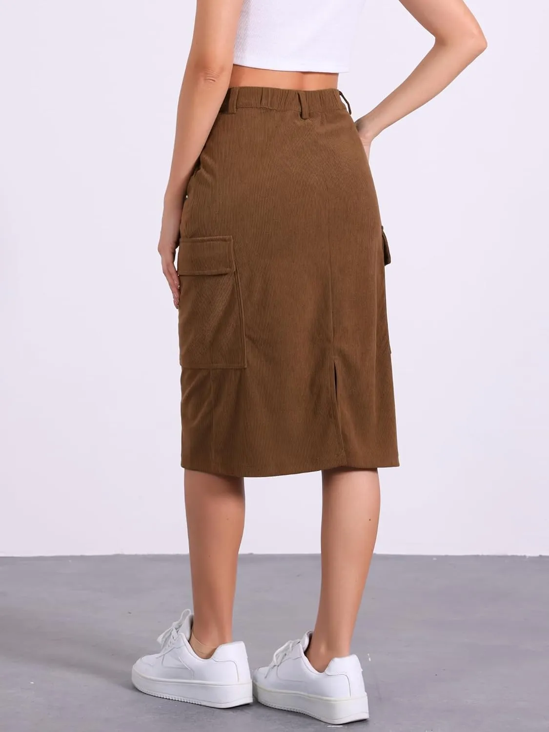 Allegra K Corduroy Cargo Skirts for Women's High Waisted Elastic Back H Line 2024 Fall Midi Skirt