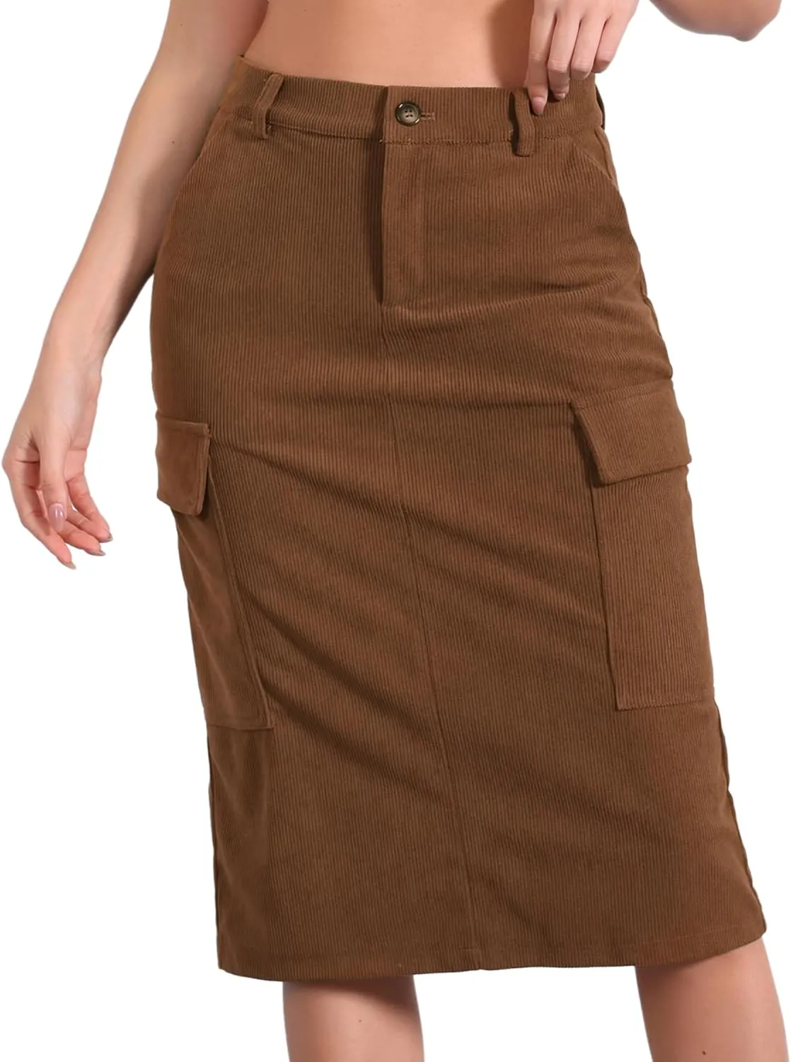 Allegra K Corduroy Cargo Skirts for Women's High Waisted Elastic Back H Line 2024 Fall Midi Skirt