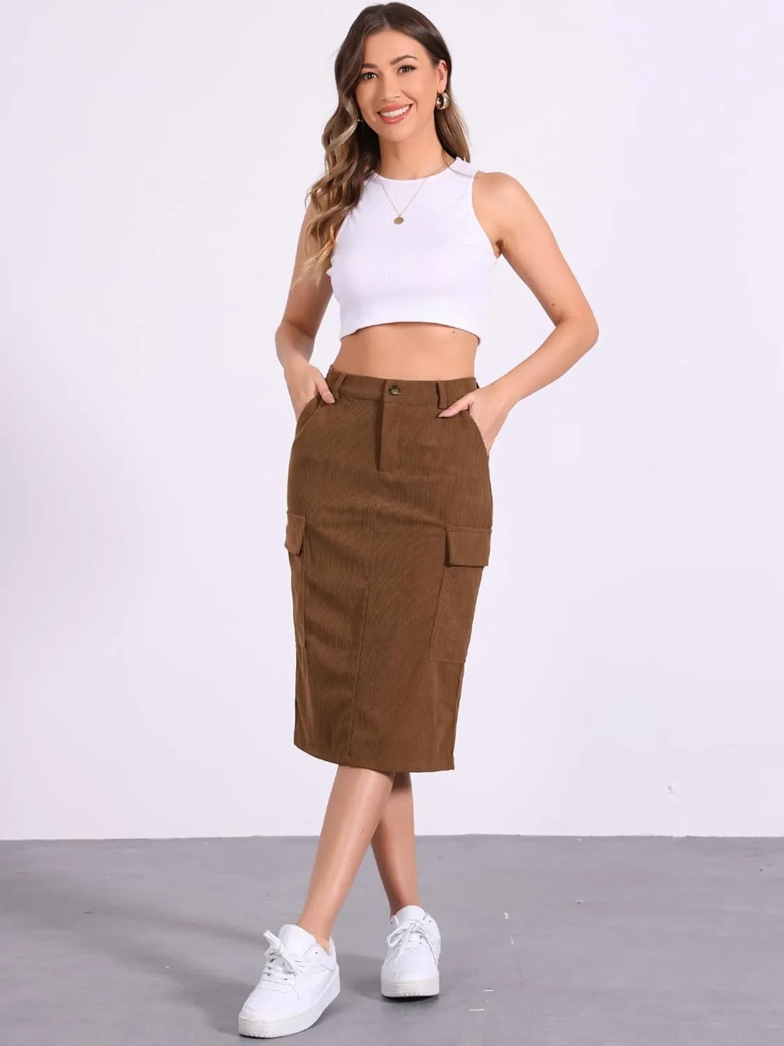 Allegra K Corduroy Cargo Skirts for Women's High Waisted Elastic Back H Line 2024 Fall Midi Skirt