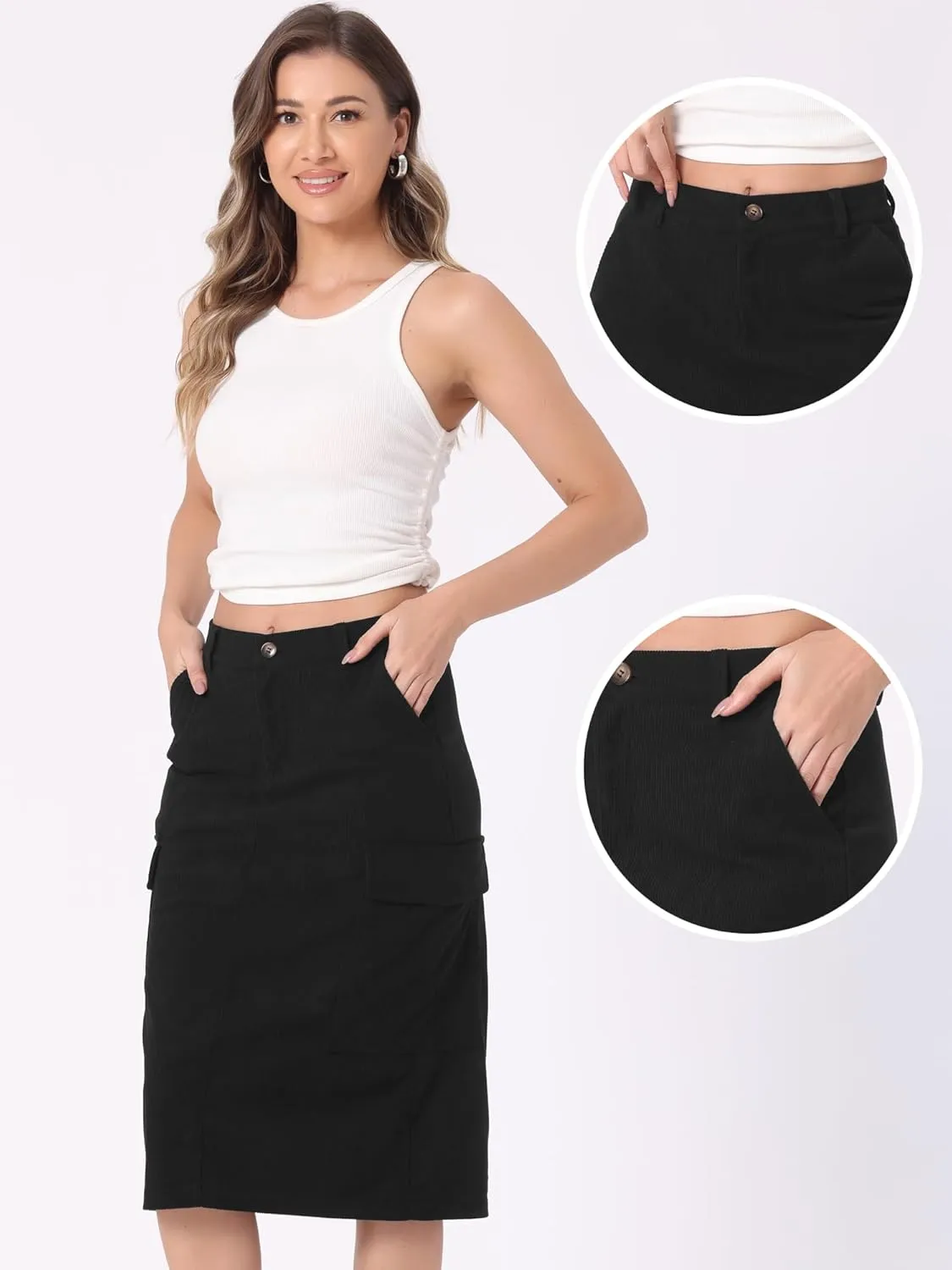 Allegra K Corduroy Cargo Skirts for Women's High Waisted Elastic Back H Line 2024 Fall Midi Skirt