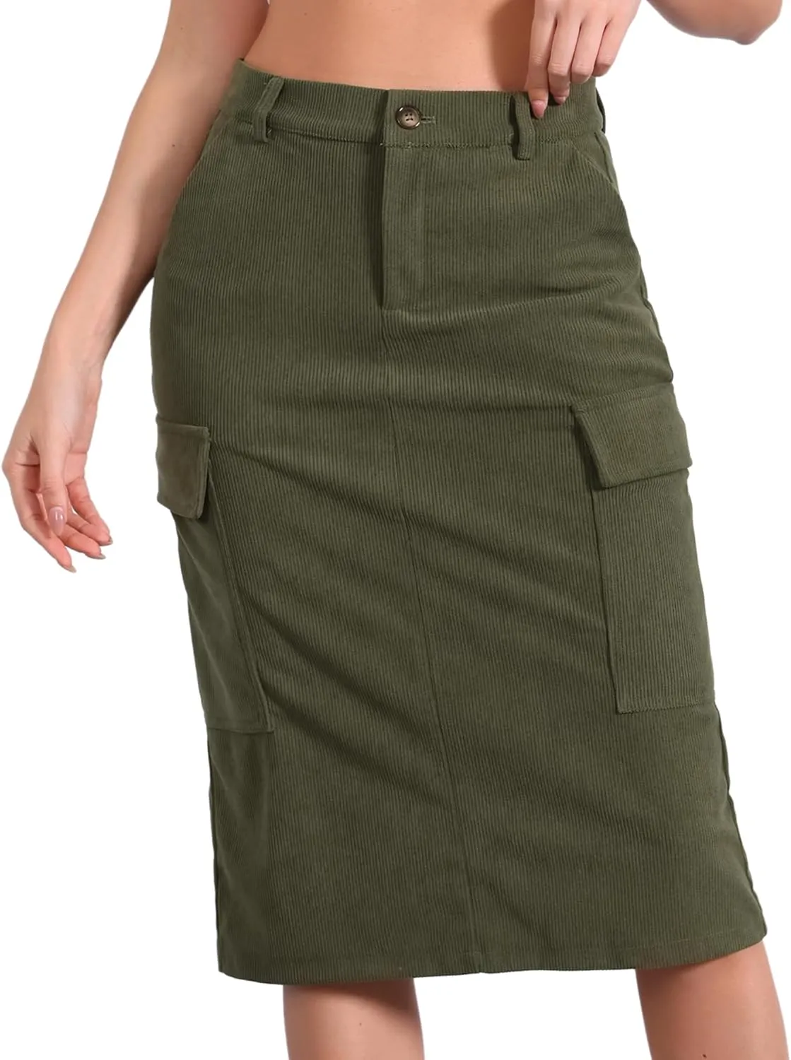 Allegra K Corduroy Cargo Skirts for Women's High Waisted Elastic Back H Line 2024 Fall Midi Skirt