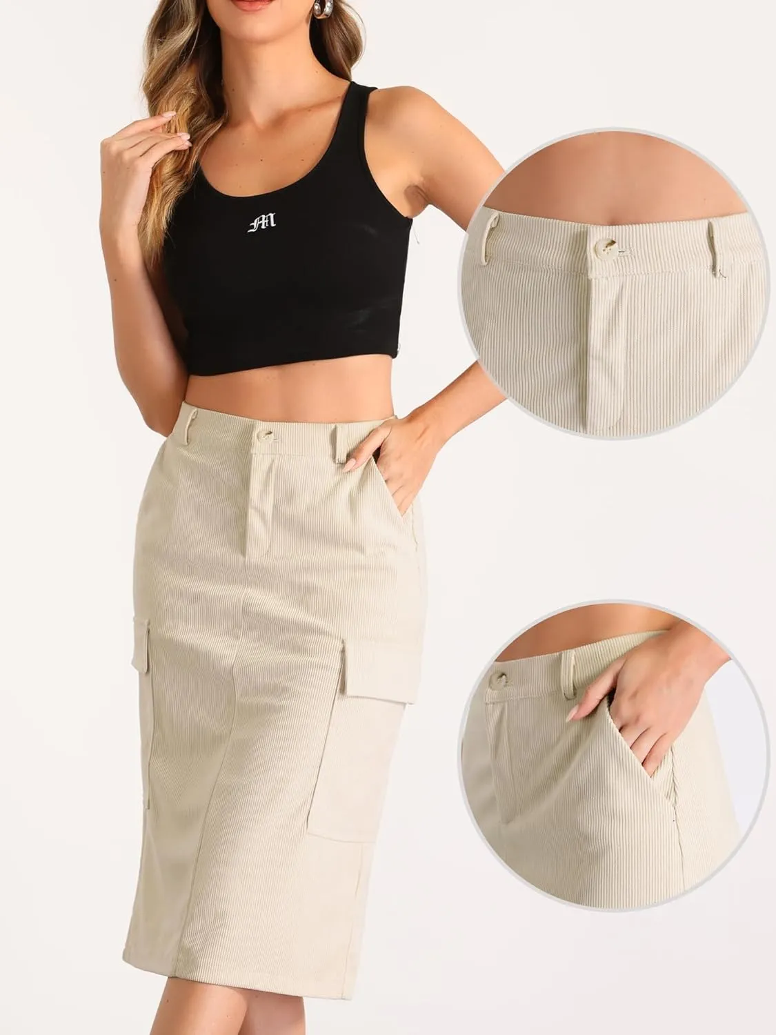 Allegra K Corduroy Cargo Skirts for Women's High Waisted Elastic Back H Line 2024 Fall Midi Skirt