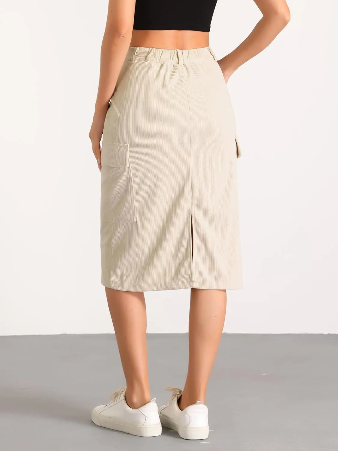 Allegra K Corduroy Cargo Skirts for Women's High Waisted Elastic Back H Line 2024 Fall Midi Skirt