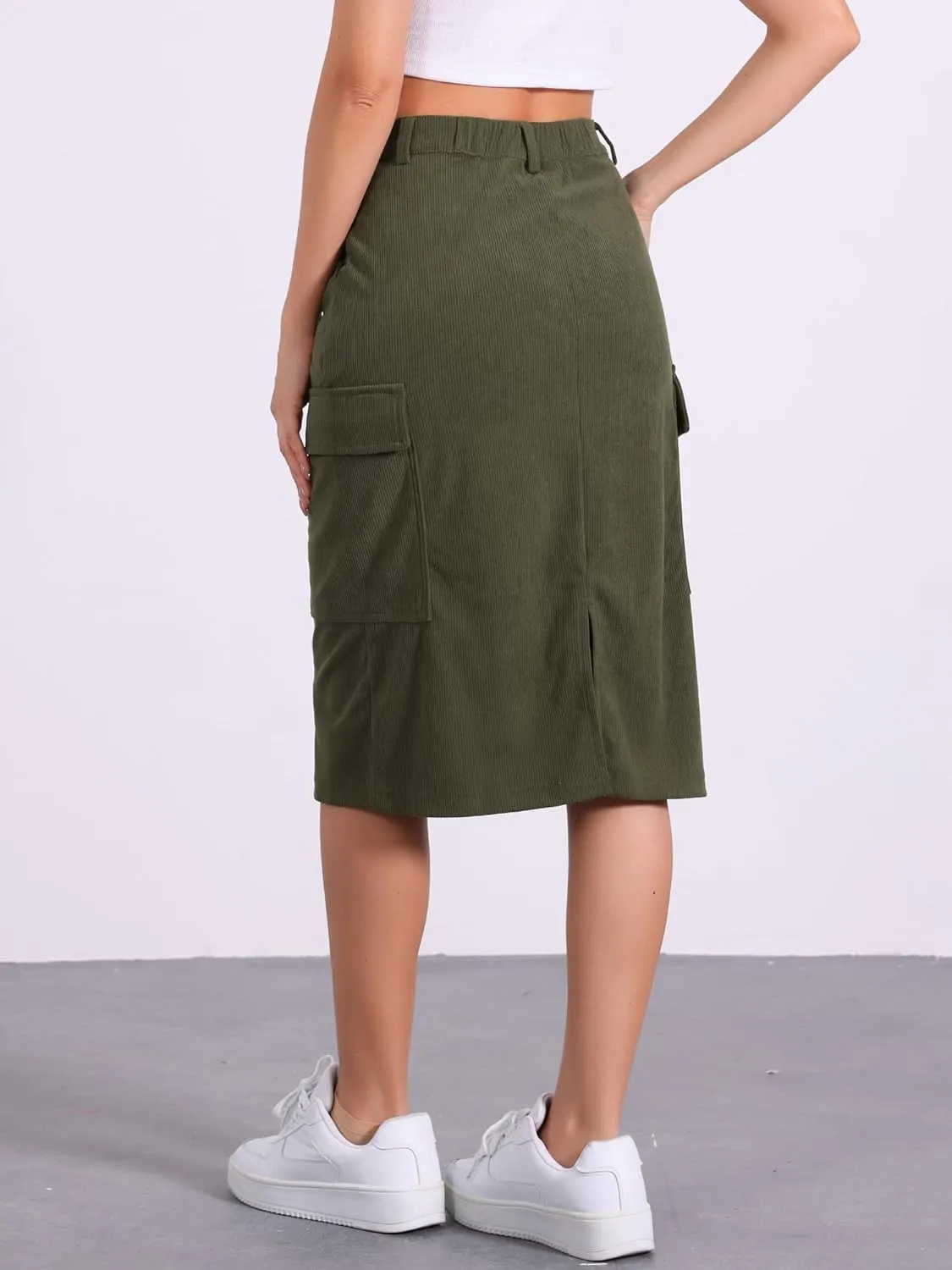 Allegra K Corduroy Cargo Skirts for Women's High Waisted Elastic Back H Line 2024 Fall Midi Skirt