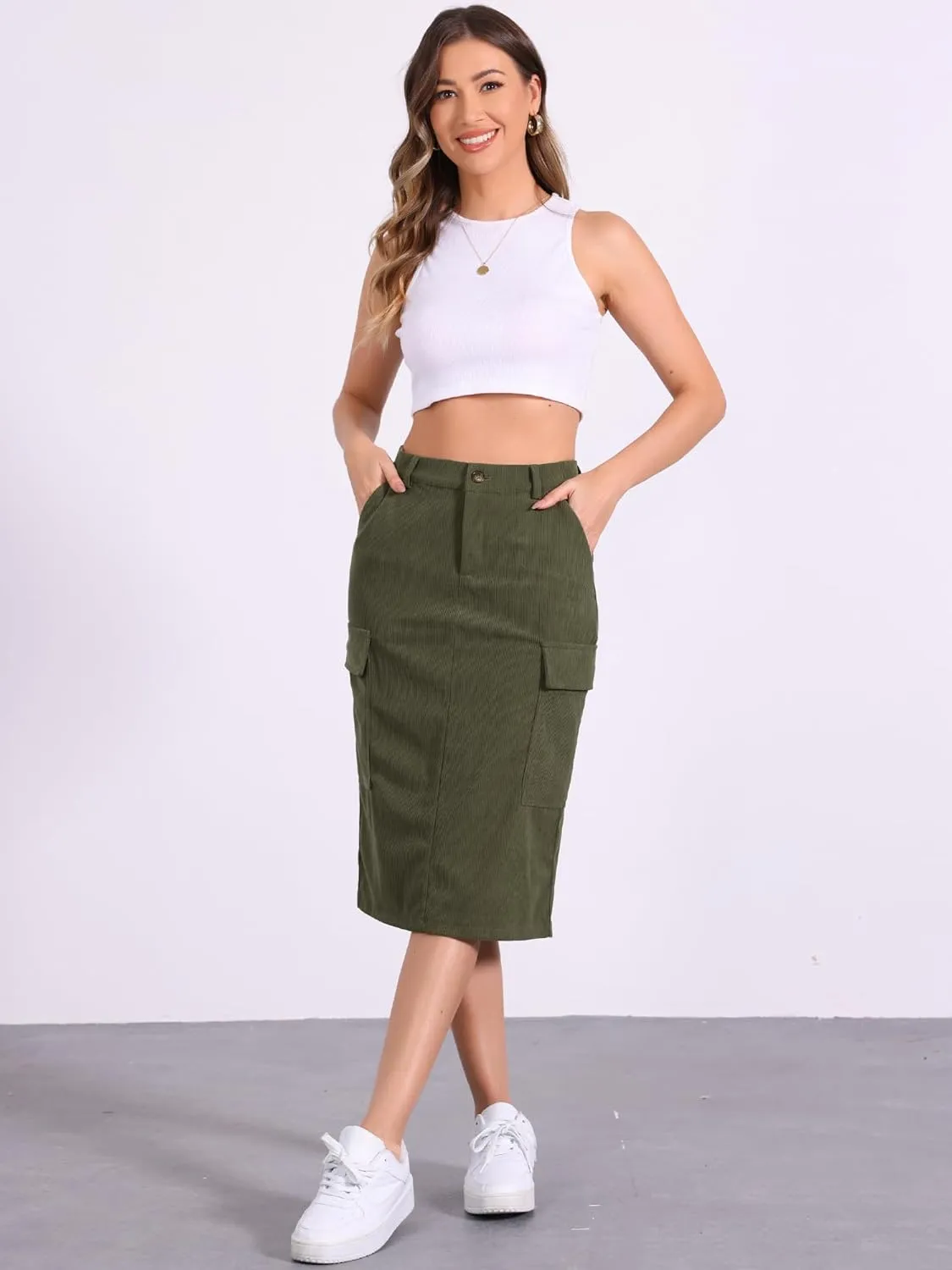 Allegra K Corduroy Cargo Skirts for Women's High Waisted Elastic Back H Line 2024 Fall Midi Skirt