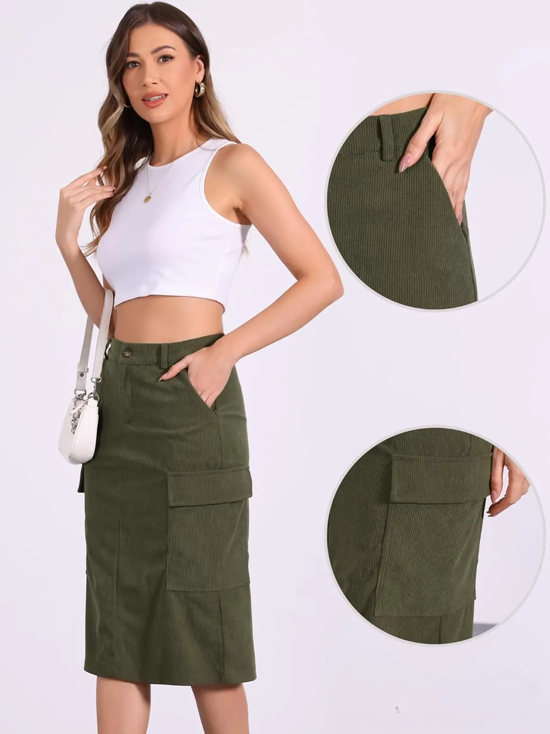 Allegra K Corduroy Cargo Skirts for Women's High Waisted Elastic Back H Line 2024 Fall Midi Skirt