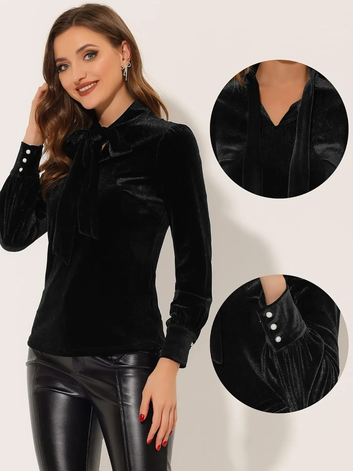 Allegra K Vintage Gothic Christmas Blouse for Women's Velvet Dressy Bow Tie Neck Office Business Work Shirt Tops