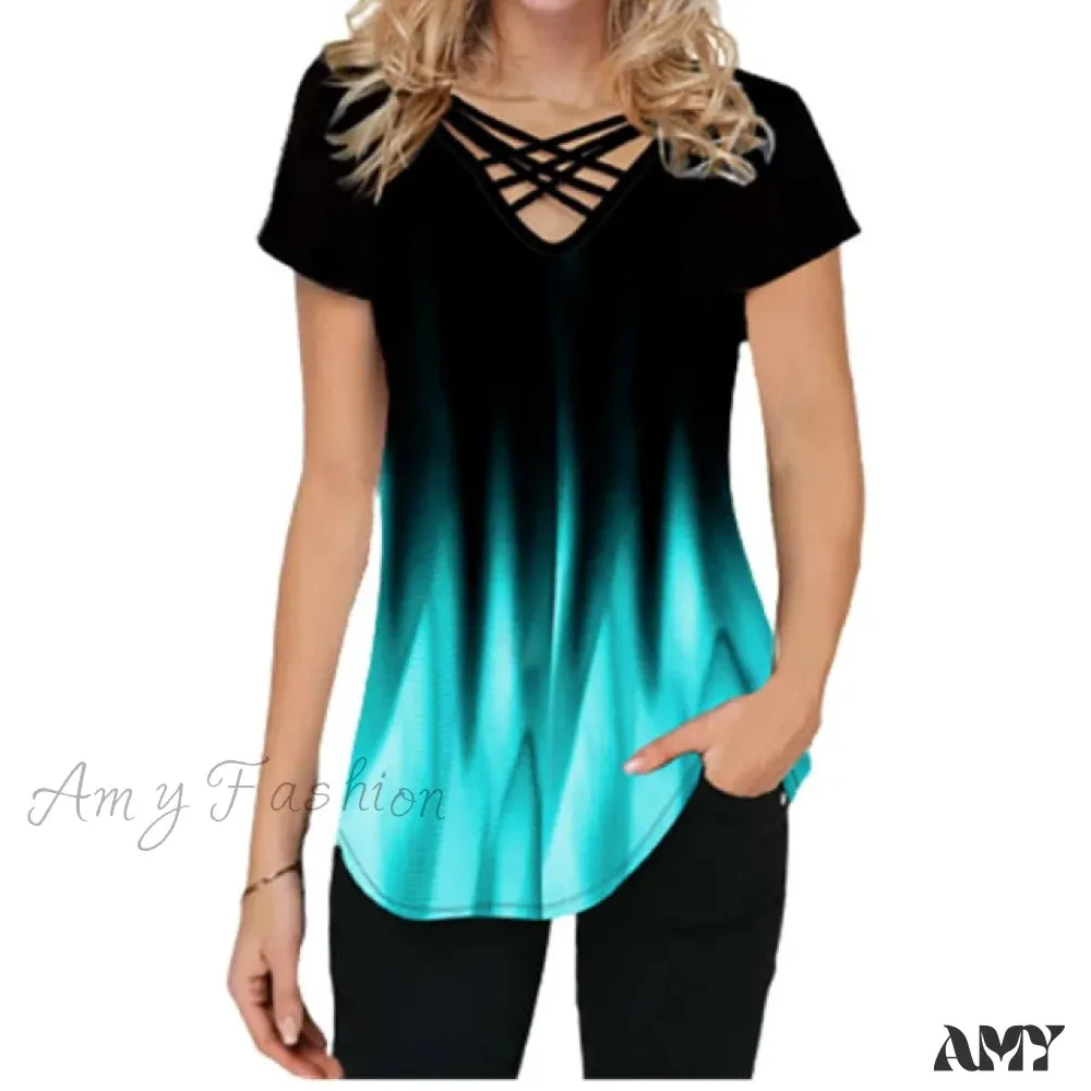Amy Fashion - Short Sleeve V-Neck Print T Shirt