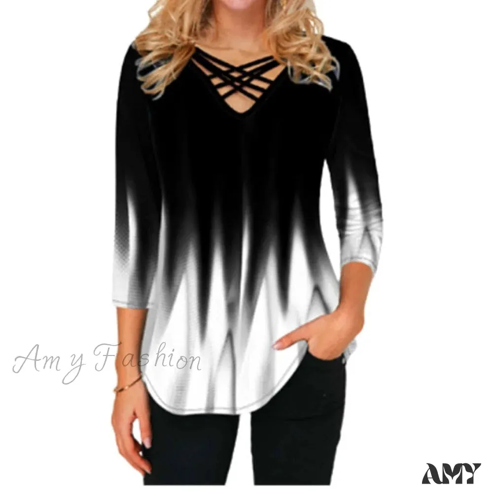 Amy Fashion - Short Sleeve V-Neck Print T Shirt