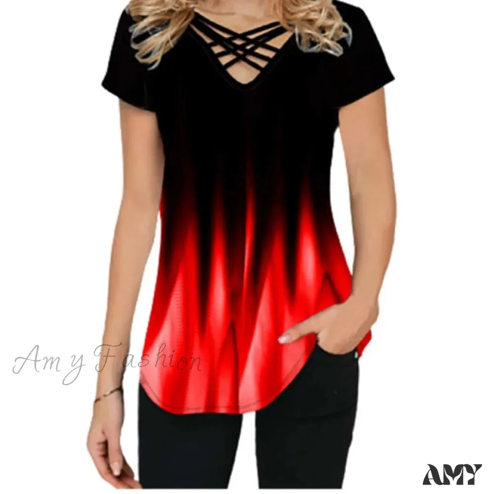 Amy Fashion - Short Sleeve V-Neck Print T Shirt