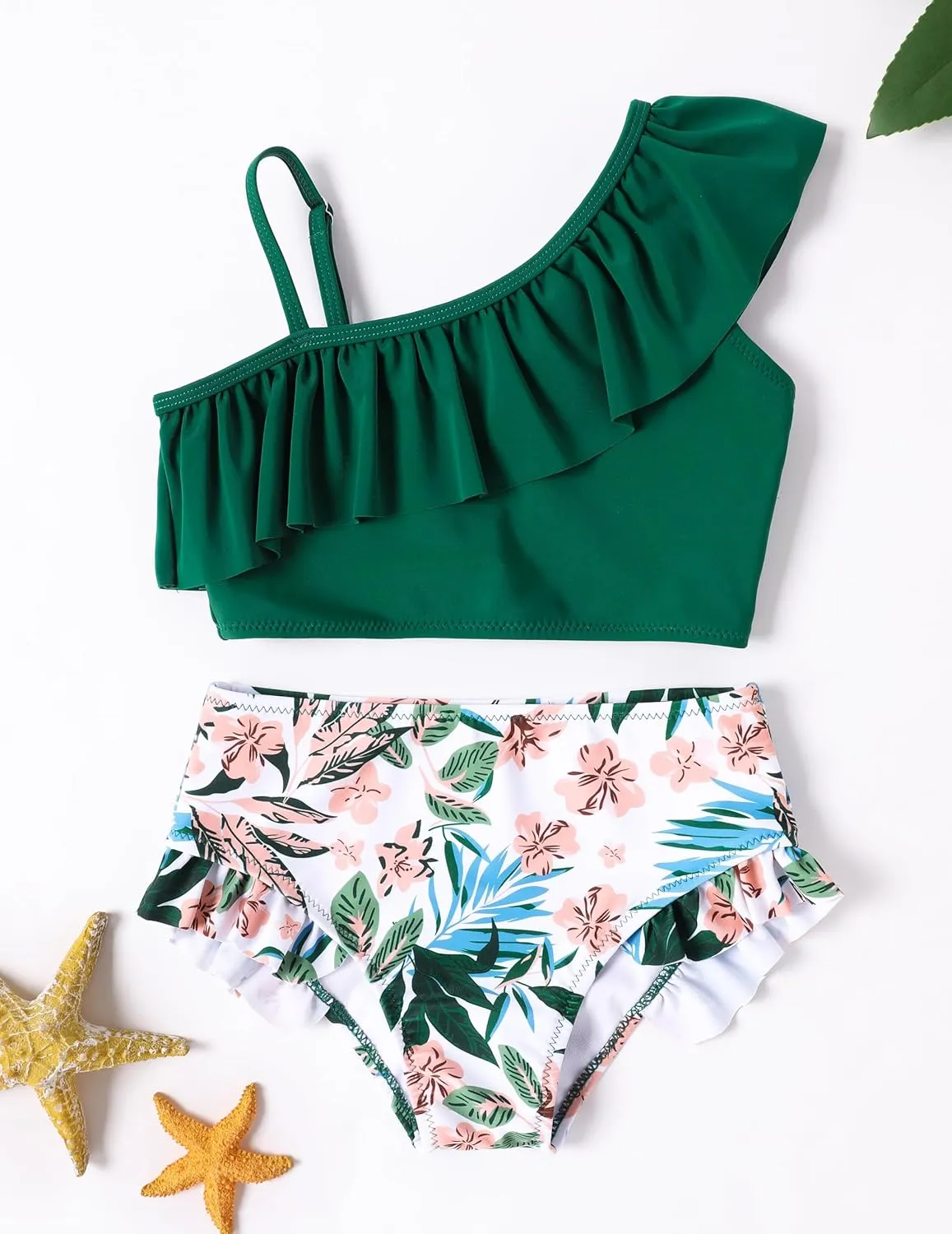 Arshiner Girls Two Piece Swimsuit Ruffles Flounce Printed Bikini Set Swimwear Girl Bathing Suits with Chest Pad 4-15 Years