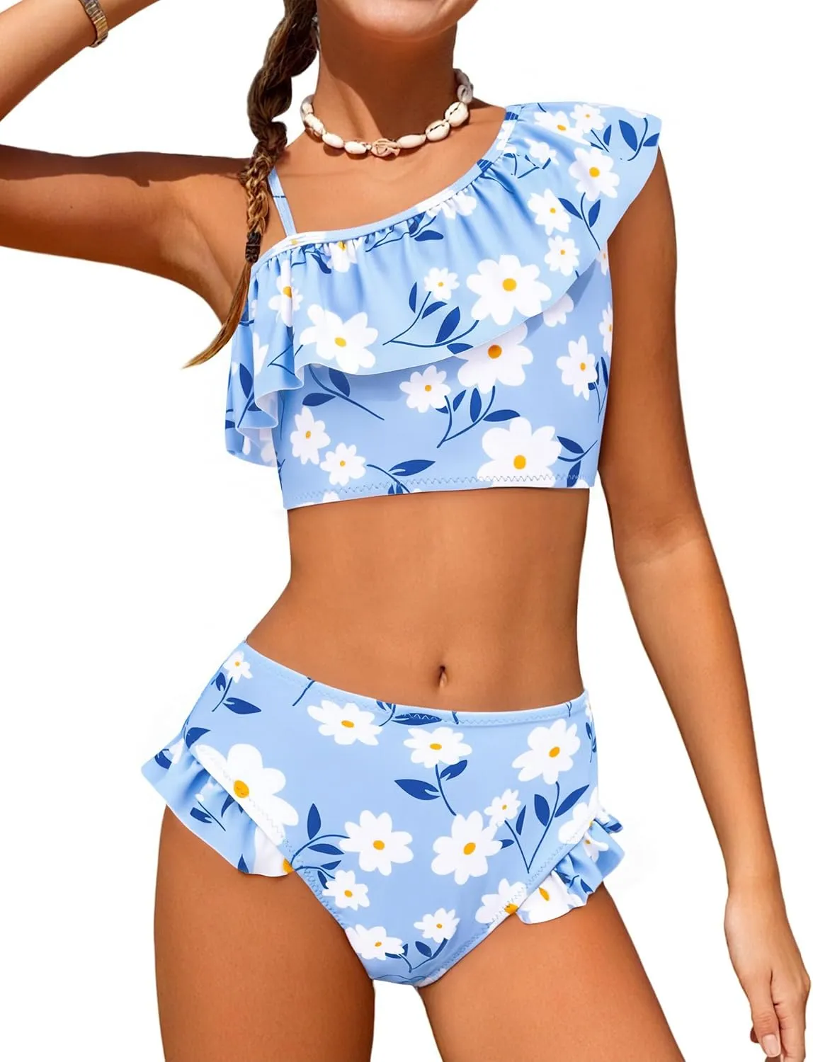 Arshiner Girls Two Piece Swimsuit Ruffles Flounce Printed Bikini Set Swimwear Girl Bathing Suits with Chest Pad 4-15 Years
