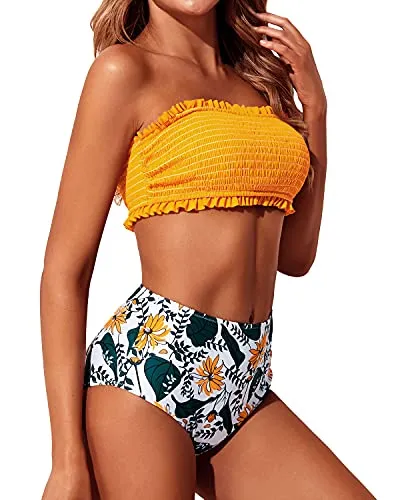 Bandeau Bikini Set Two Piece Smocked Swimsuits Ruffle Off Shoulder Bathing Suit-Yellow Floral