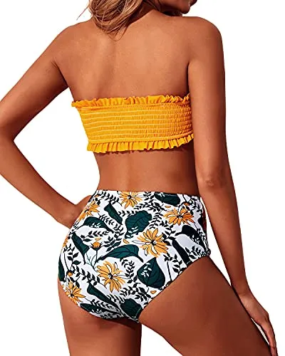 Bandeau Bikini Set Two Piece Smocked Swimsuits Ruffle Off Shoulder Bathing Suit-Yellow Floral