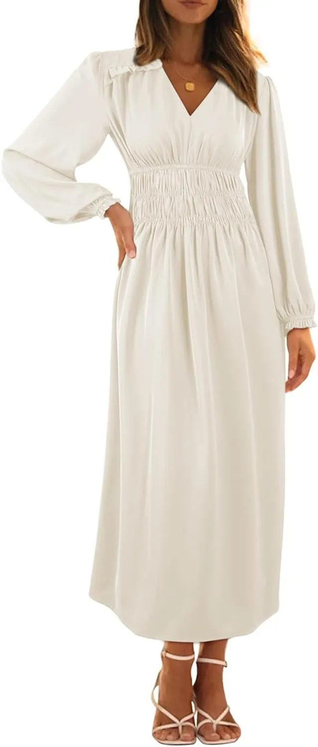 BLENCOT Womens Casual Boho Deep V Neck Short Sleeve Long Dress