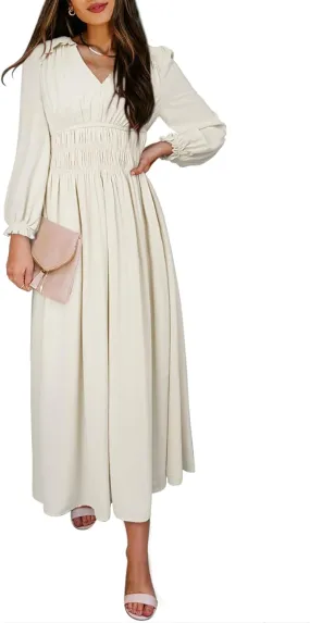 BLENCOT Womens Casual Boho Deep V Neck Short Sleeve Long Dress