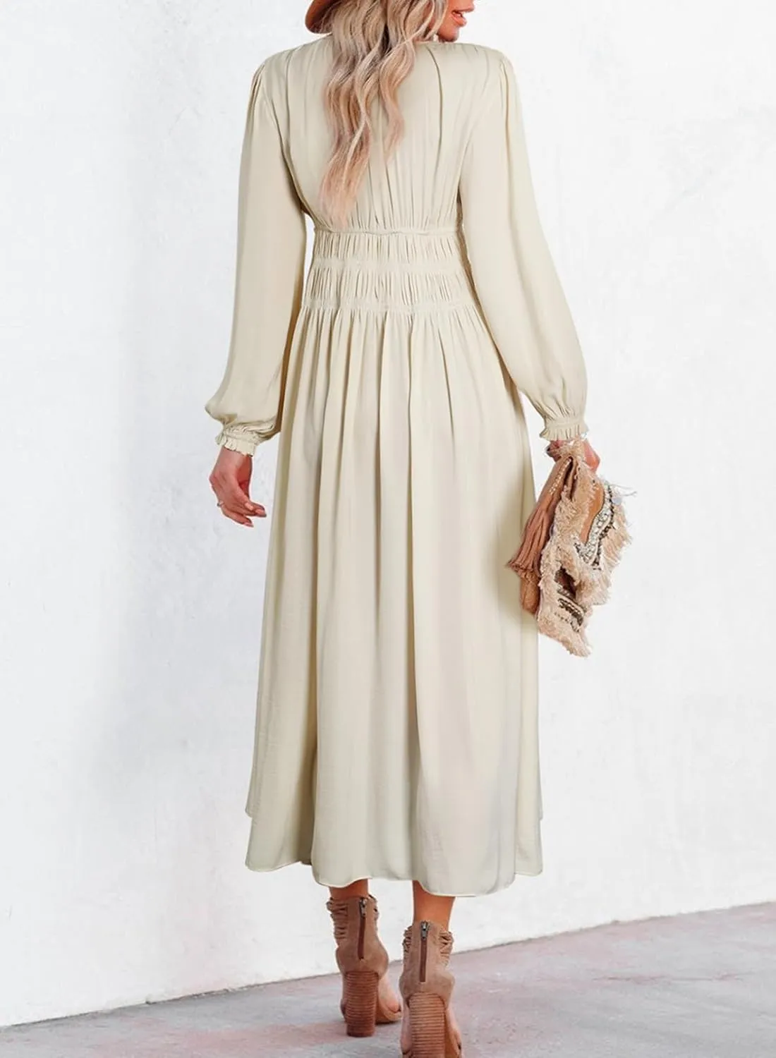 BLENCOT Womens Casual Boho Deep V Neck Short Sleeve Long Dress