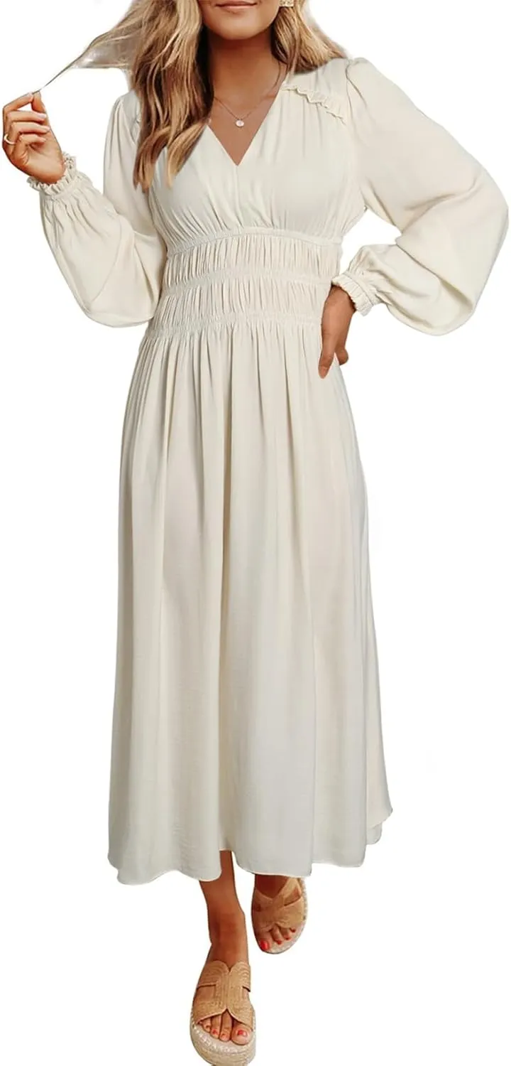 BLENCOT Womens Casual Boho Deep V Neck Short Sleeve Long Dress