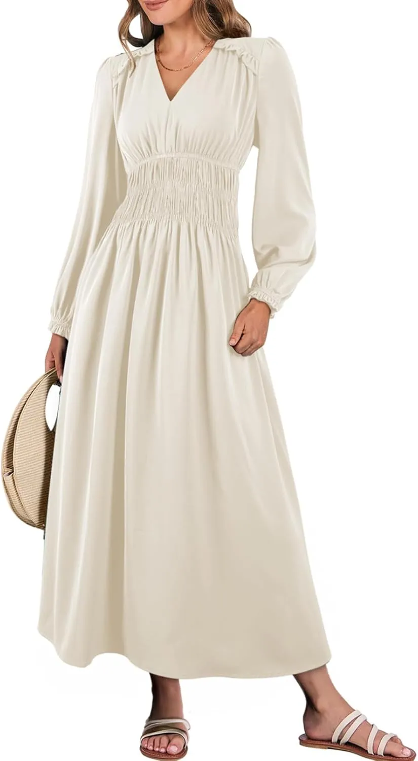 BLENCOT Womens Casual Boho Deep V Neck Short Sleeve Long Dress