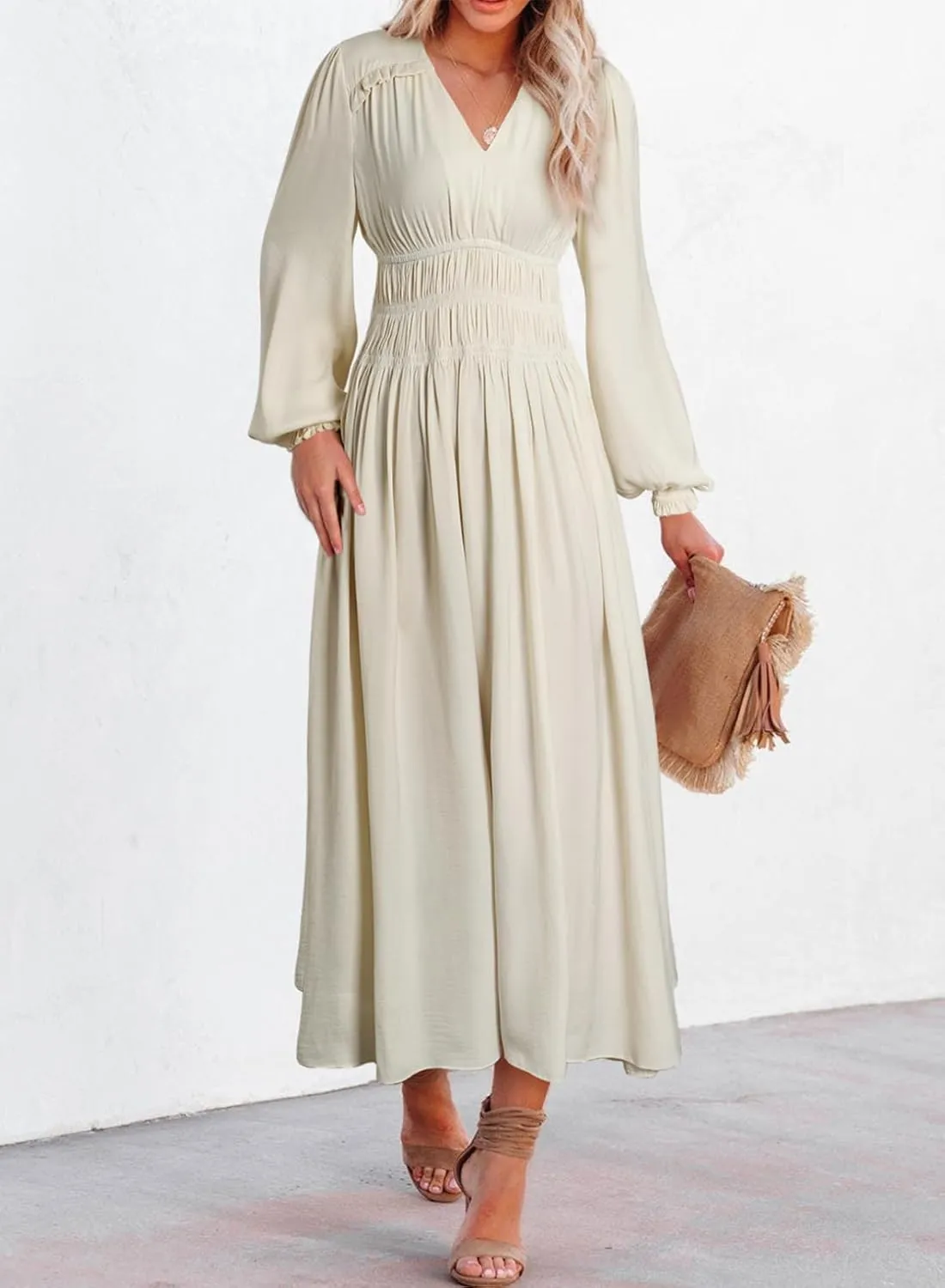 BLENCOT Womens Casual Boho Deep V Neck Short Sleeve Long Dress
