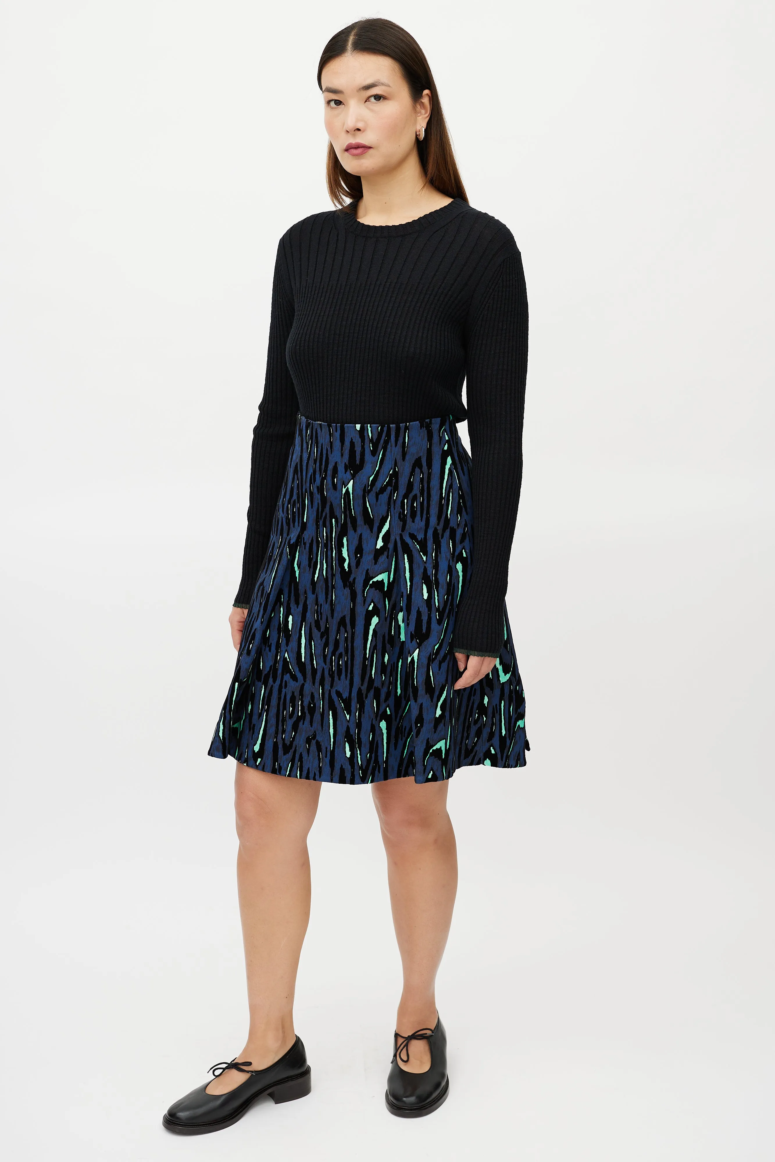 Blue & Multicolour Velvet Textured Skirt