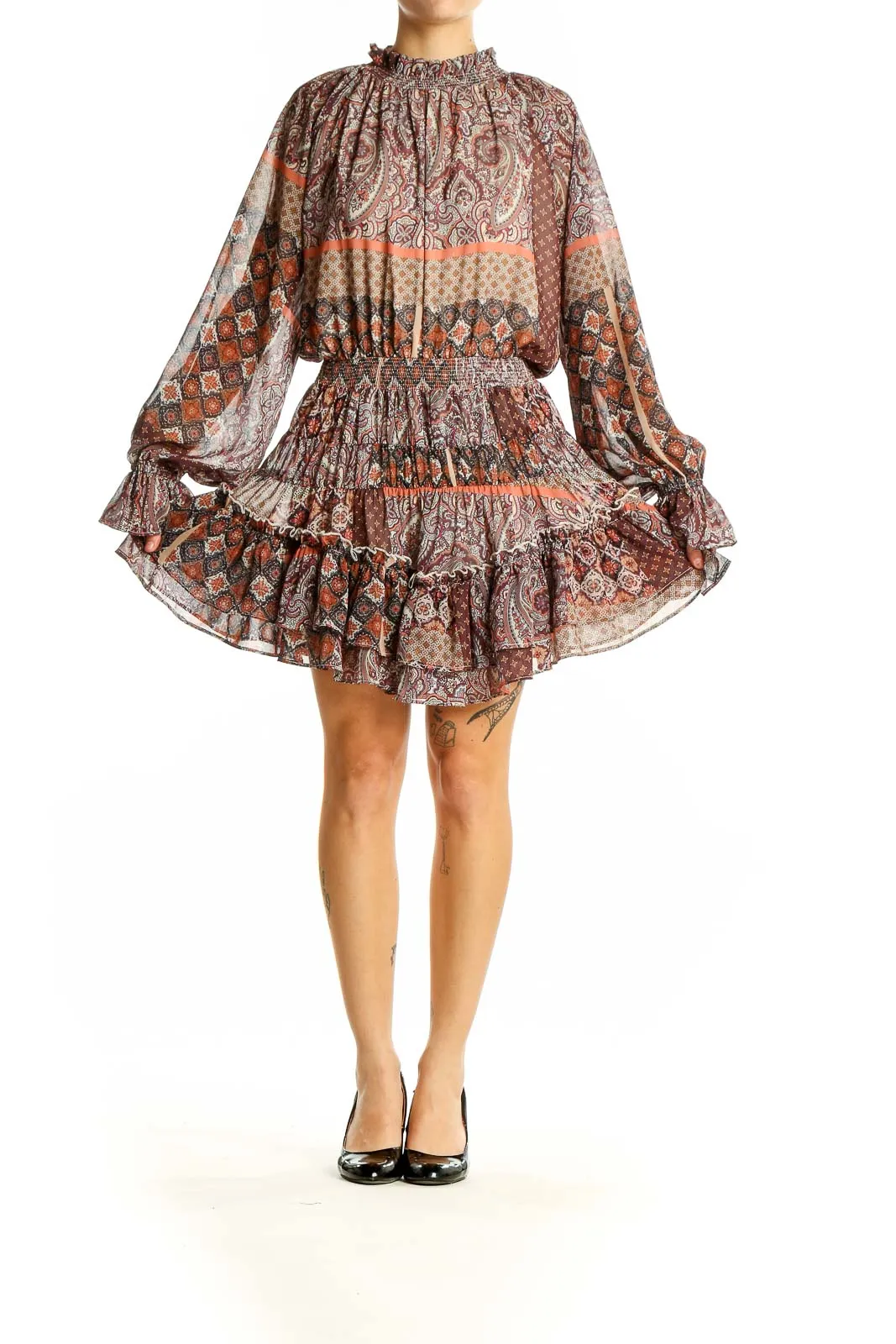Brown Paisley Boho Mini Dress