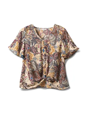 Flutter Sleeve Knot Front Woven Top