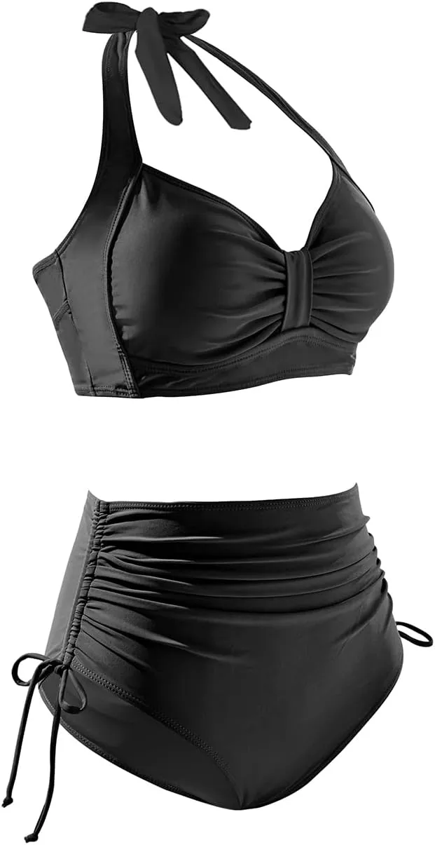 Holipick Women Two Piece Retro Swimsuit Halter Tummy Control High Waisted Bikini with Bottom