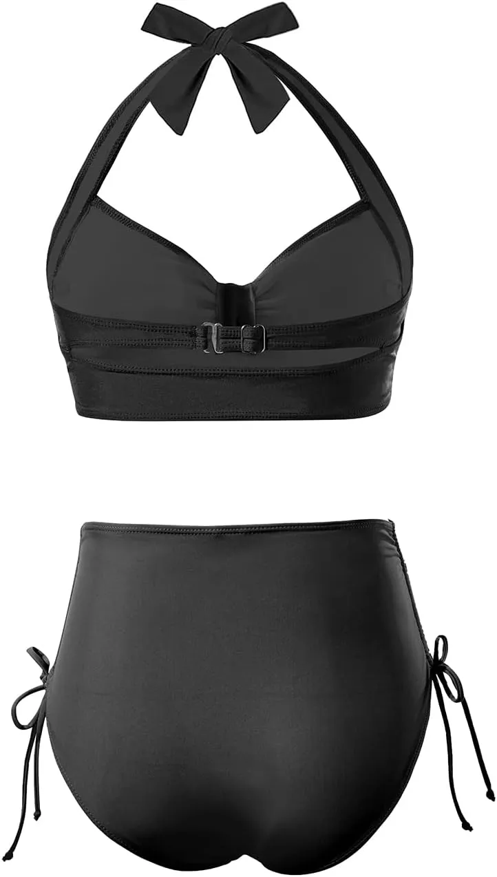 Holipick Women Two Piece Retro Swimsuit Halter Tummy Control High Waisted Bikini with Bottom