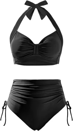 Holipick Women Two Piece Retro Swimsuit Halter Tummy Control High Waisted Bikini with Bottom