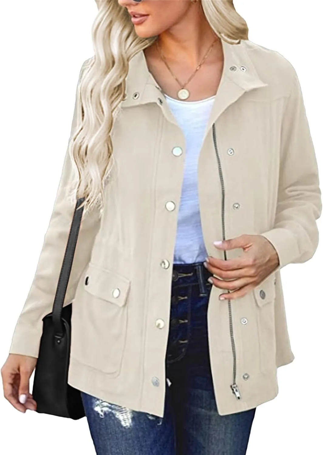 JEKE-DG Women's Lapel Casual Trendy Comfort Jacket Military Field Safari Jacket Coat Lightweight Full Zip Crop Jackets