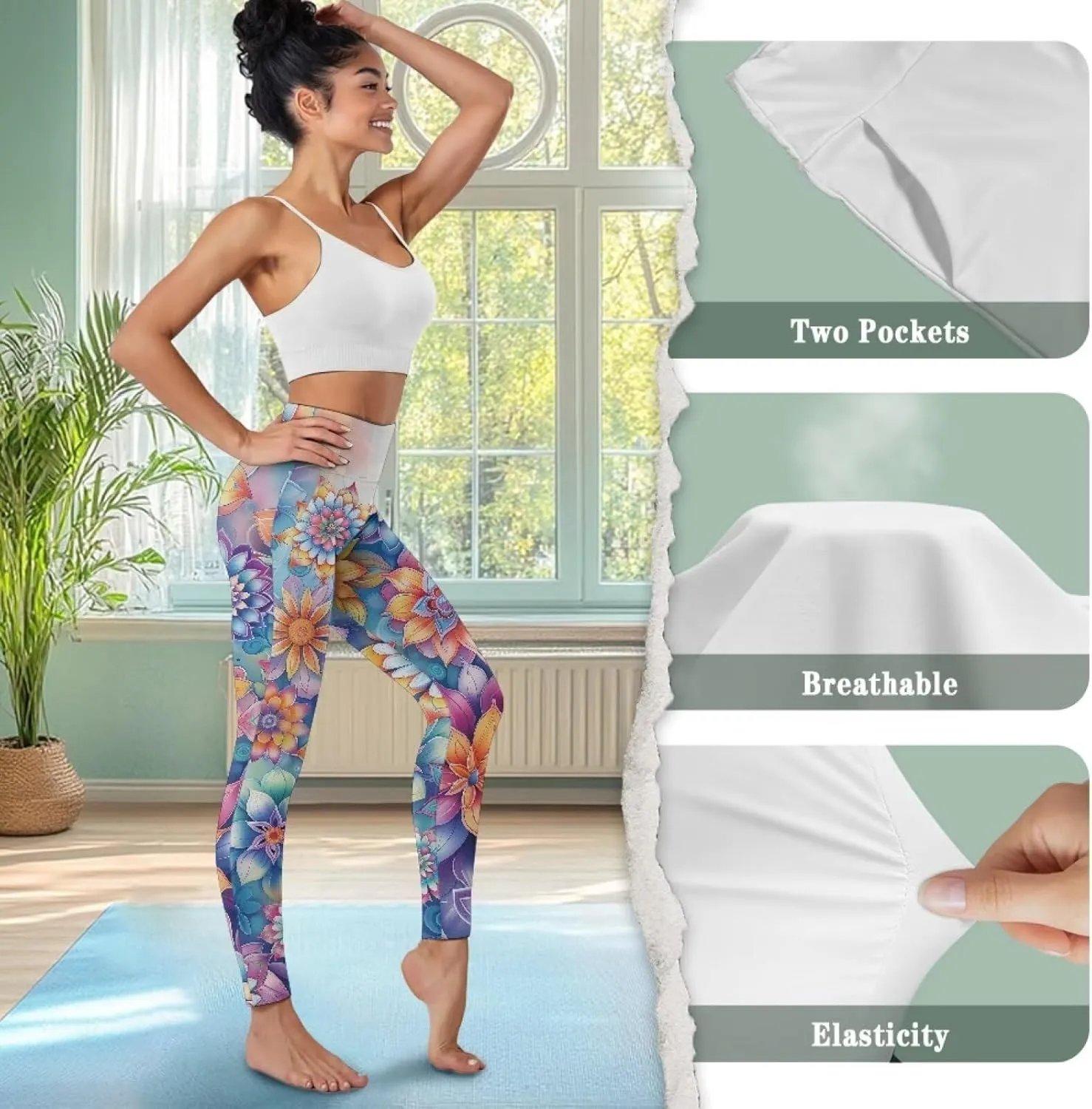 JEOCODY Leggings for Women with Pockets Casual High Waist Tummy Control Pants Soft Slimming Yoga Pants