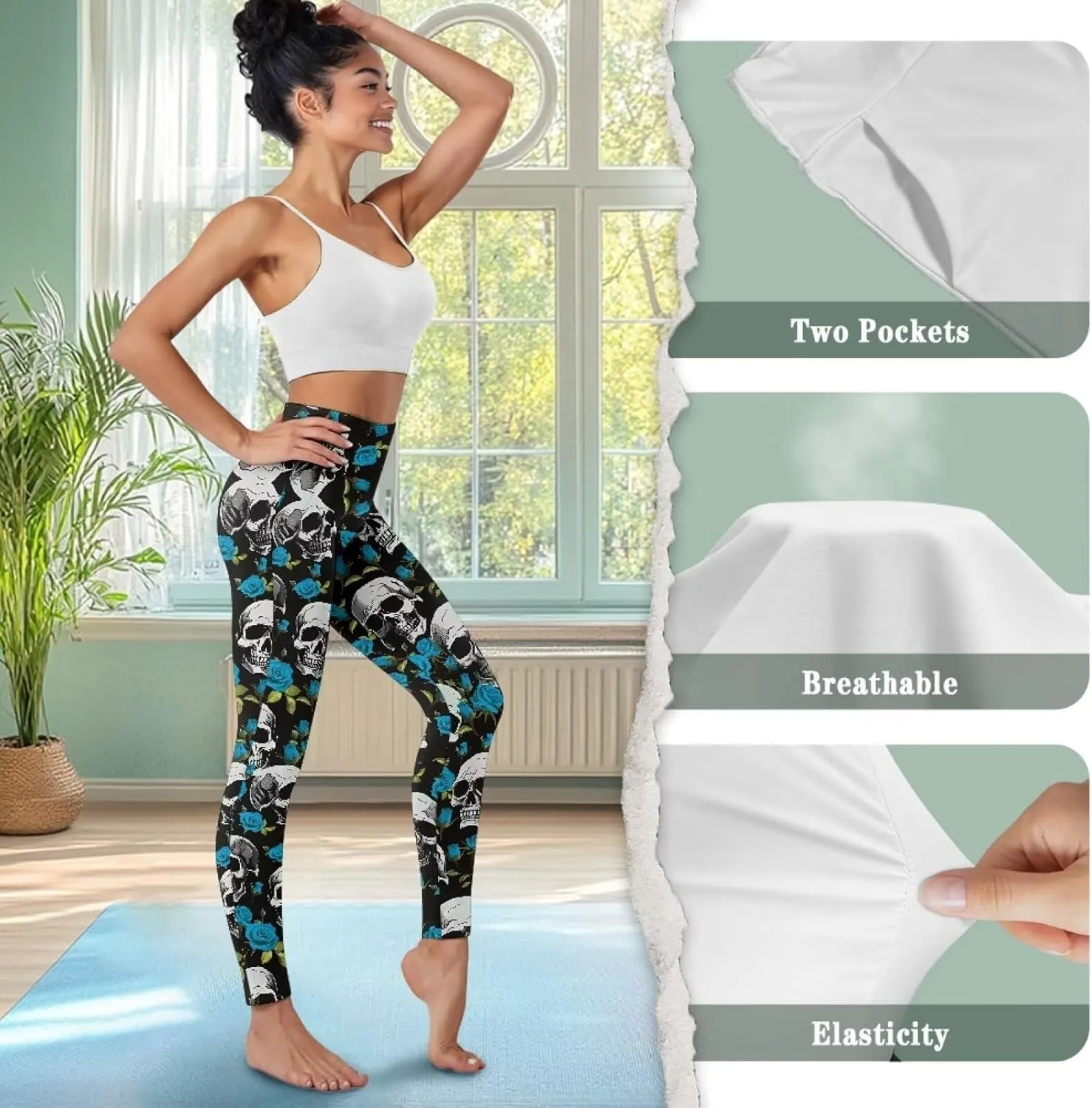 JEOCODY Leggings for Women with Pockets Casual High Waist Tummy Control Pants Soft Slimming Yoga Pants