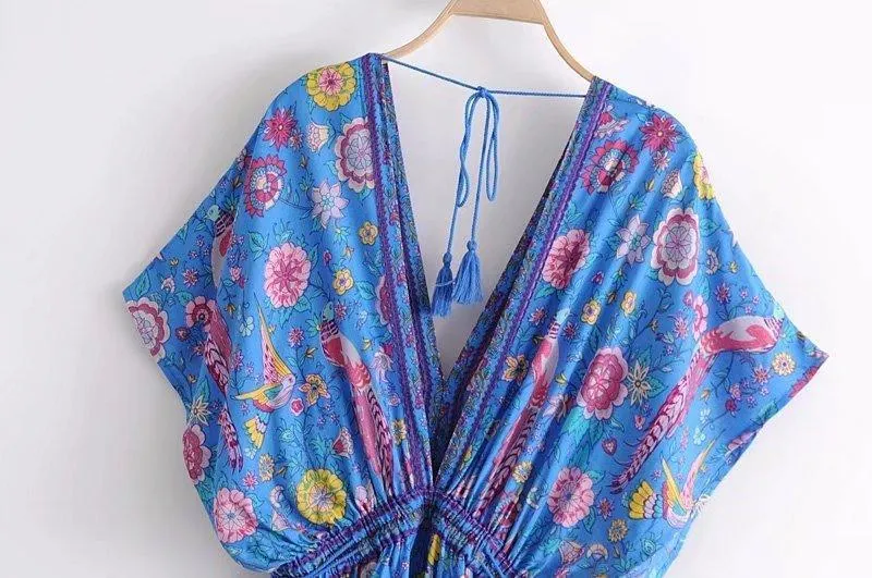 JuliaFashion - 2024 Wild Peacock & Flowers V-Neck Maxi Dress