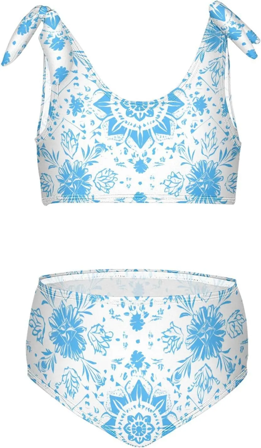 KLL Boho Kaleidoscope Abstract Pattern Girls' 2 Piece Bikini Sets Scoop Neck Swimming Swimsuit Swimwear