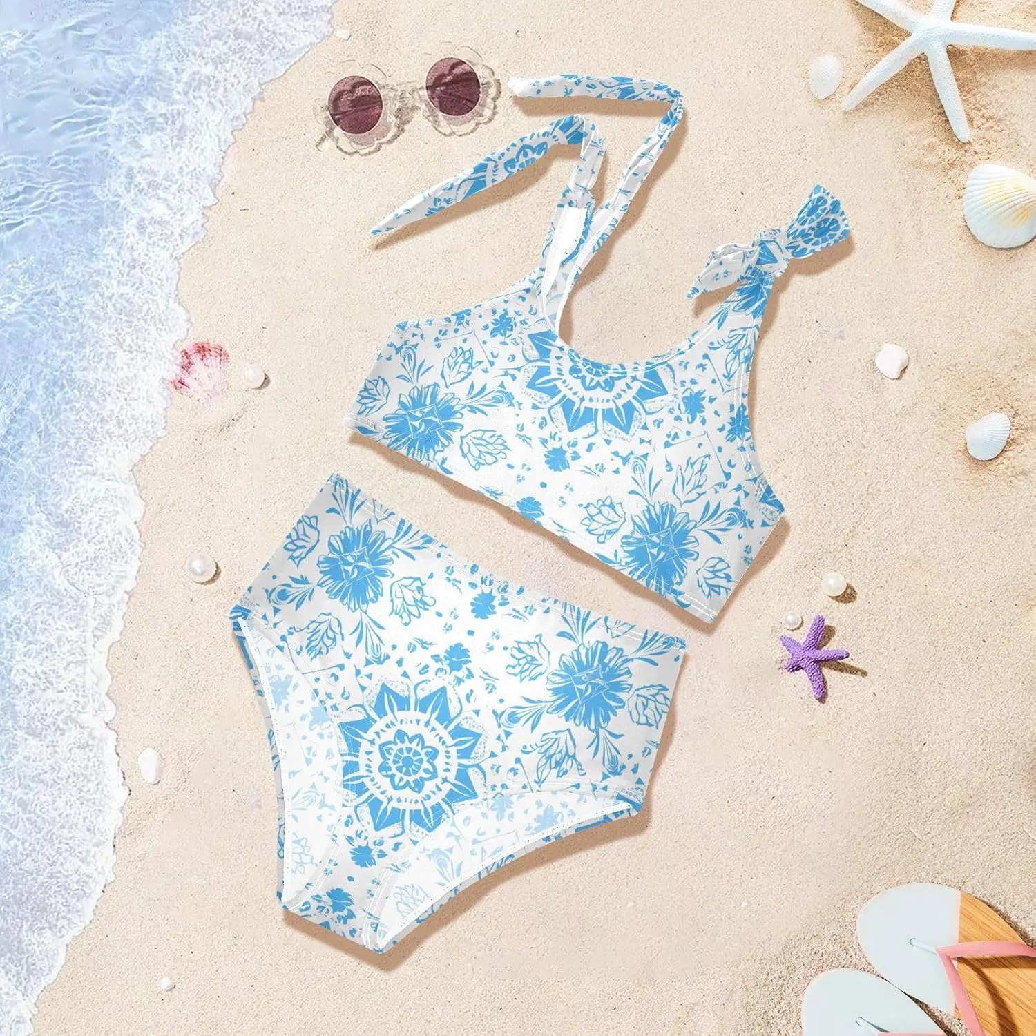 KLL Boho Kaleidoscope Abstract Pattern Girls' 2 Piece Bikini Sets Scoop Neck Swimming Swimsuit Swimwear