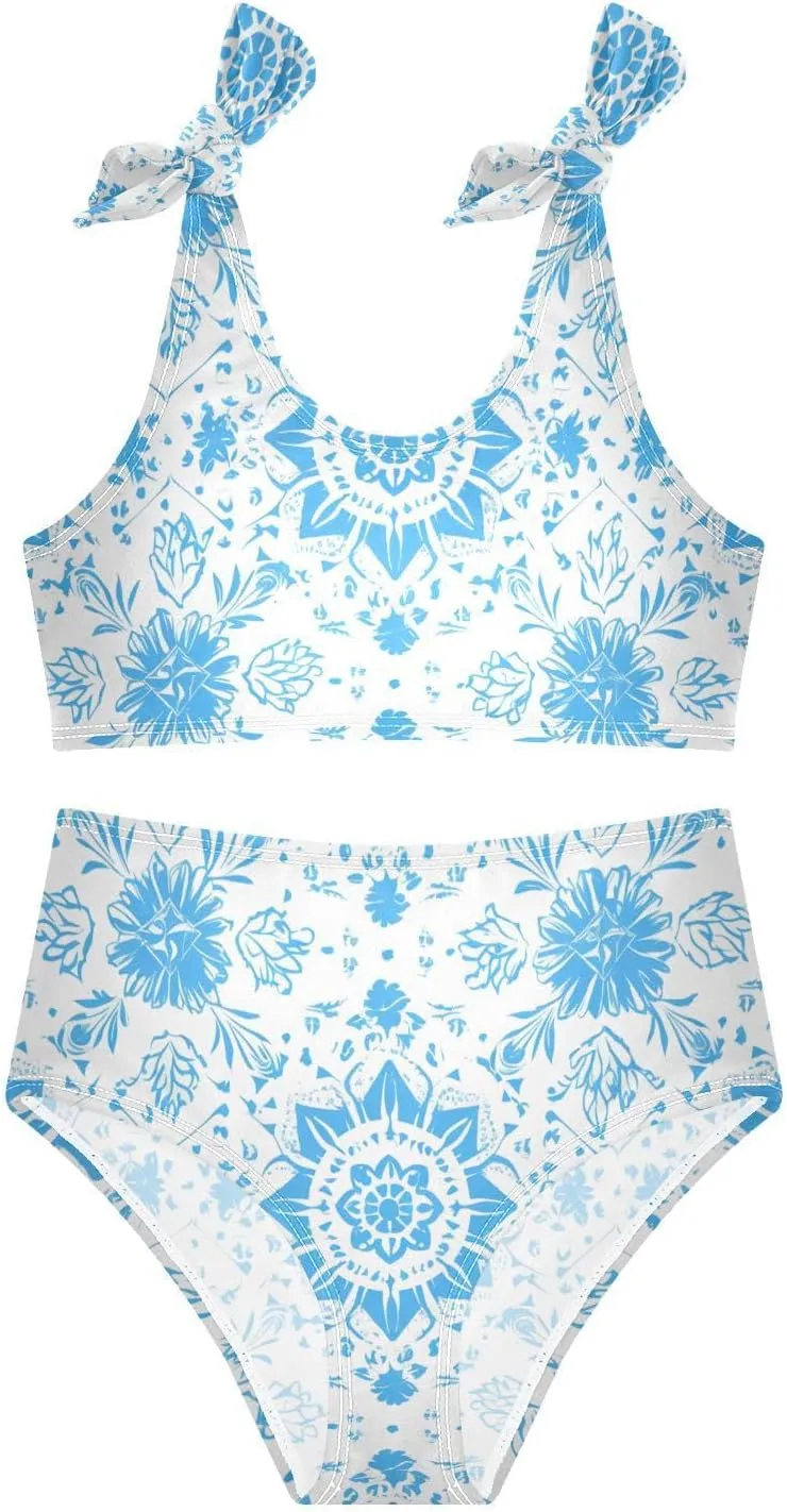 KLL Boho Kaleidoscope Abstract Pattern Girls' 2 Piece Bikini Sets Scoop Neck Swimming Swimsuit Swimwear