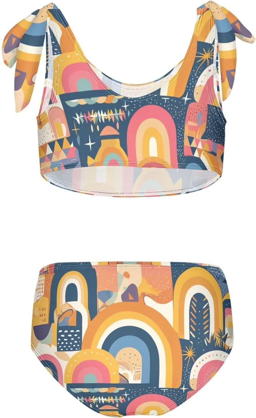 KLL Rainbow Boho Style Girl Two Piecing Bikini Sets Beach Swimsuit Swimwear Cute Shoulder Strap