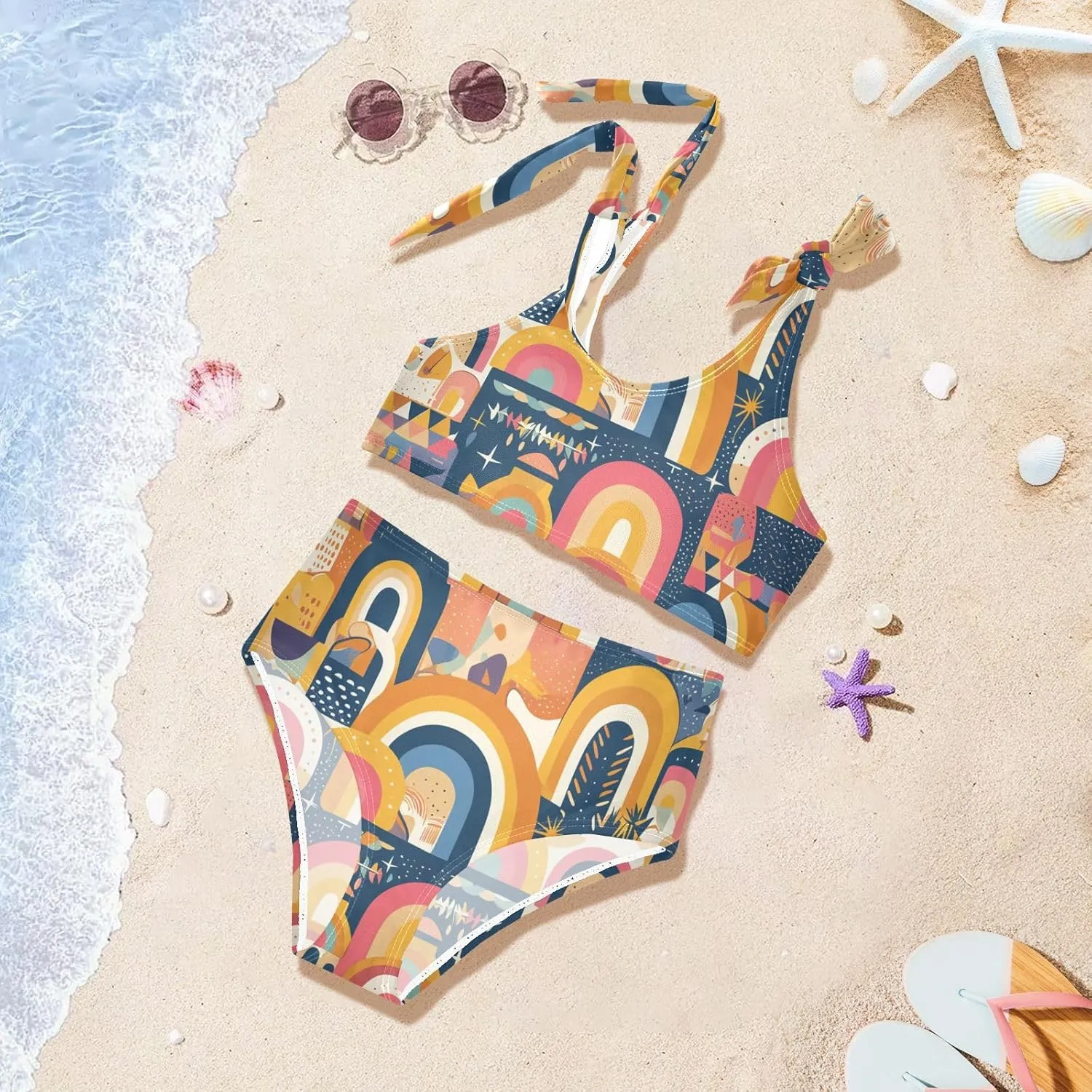 KLL Rainbow Boho Style Girl Two Piecing Bikini Sets Beach Swimsuit Swimwear Cute Shoulder Strap