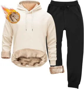 Mens Fleece Sherpa Lined Tracksuit 2 Piece Warm Hoodie Sweatshirts Sweatpants Suit Set Casual Trendy Winter Pullover
