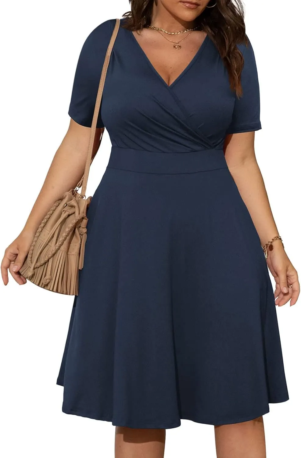 NaRHbrg Summer Dresses for Women 2024 Wrap V Neck Short Sleeve Midi Dress Ruffle Hem A-Line Sundress Cocktail Party Dress