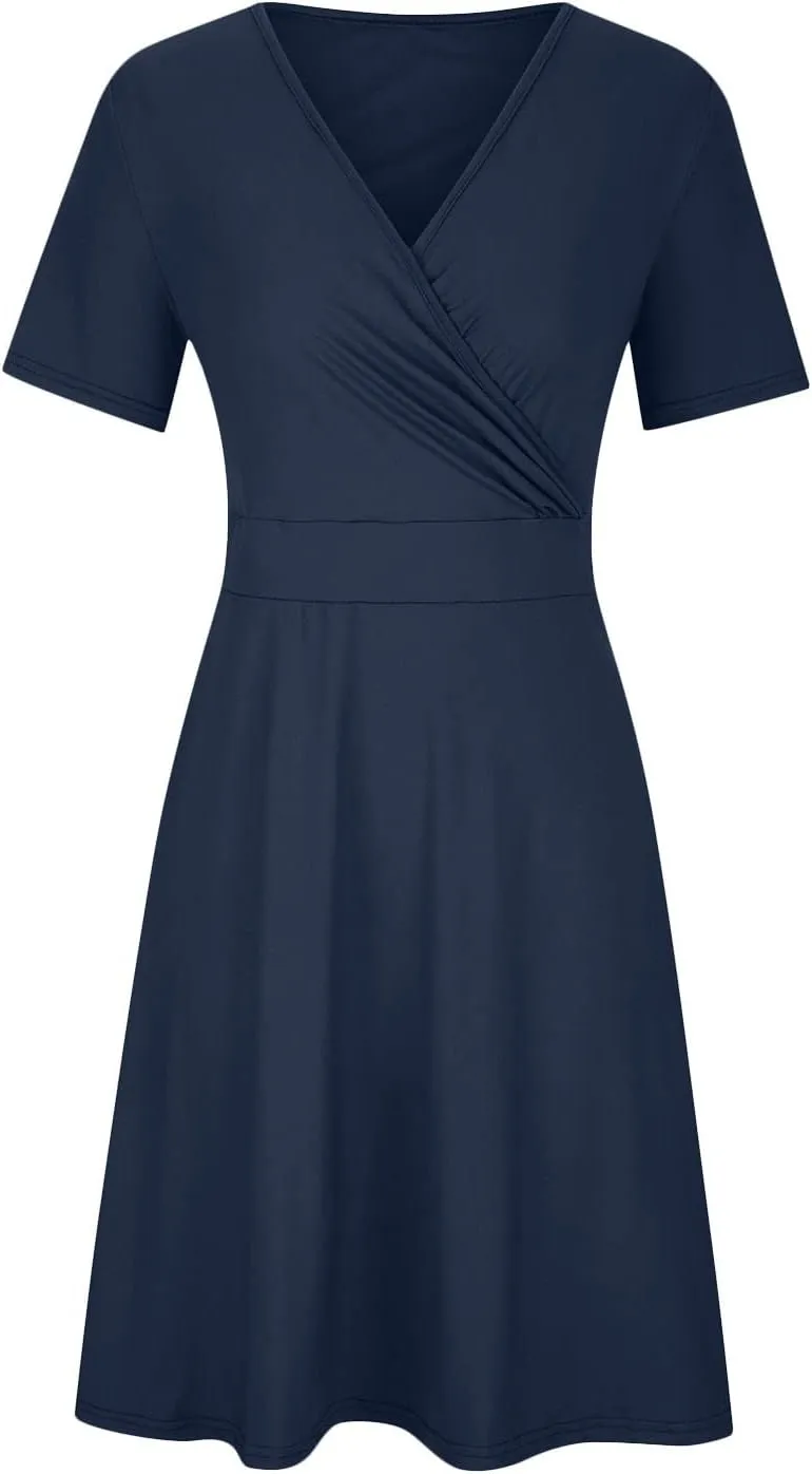 NaRHbrg Summer Dresses for Women 2024 Wrap V Neck Short Sleeve Midi Dress Ruffle Hem A-Line Sundress Cocktail Party Dress