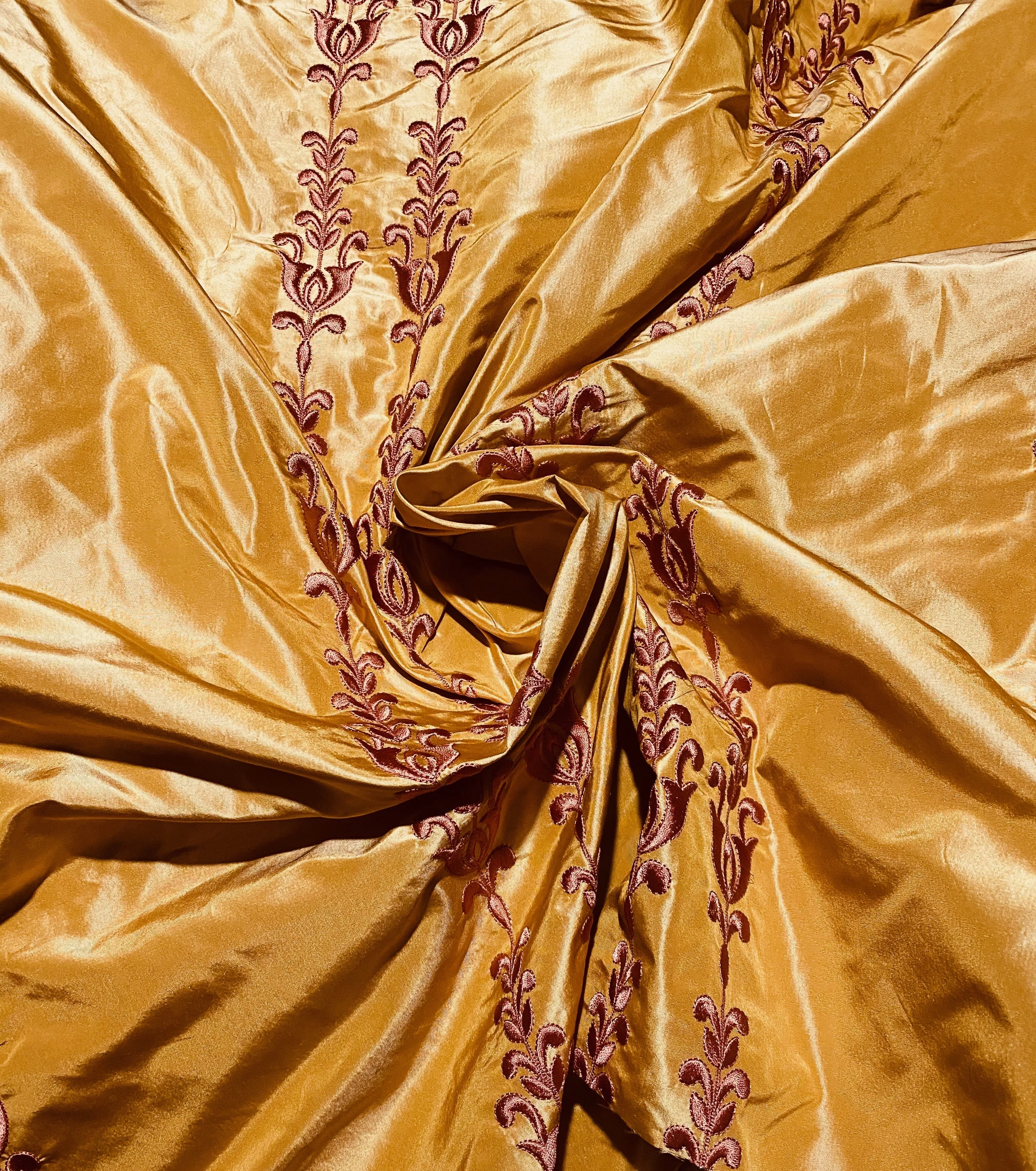 NEW Queen Marguerite 100% Silk Taffeta Fabric with Pumpkin Yellow with Dark Red Tulip Embroidery Stripes