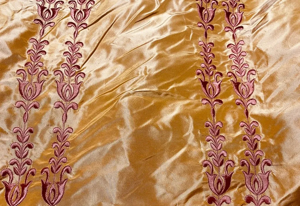 NEW Queen Marguerite 100% Silk Taffeta Fabric with Pumpkin Yellow with Dark Red Tulip Embroidery Stripes