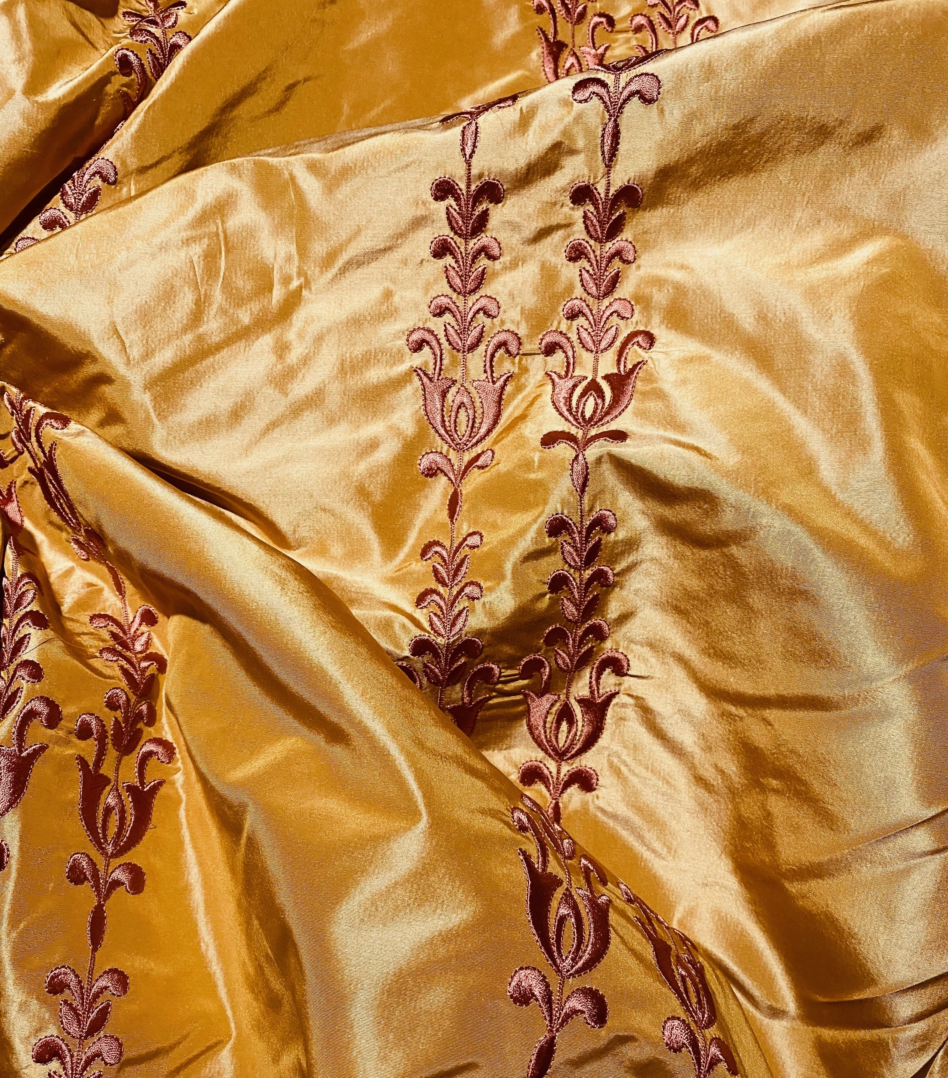 NEW Queen Marguerite 100% Silk Taffeta Fabric with Pumpkin Yellow with Dark Red Tulip Embroidery Stripes