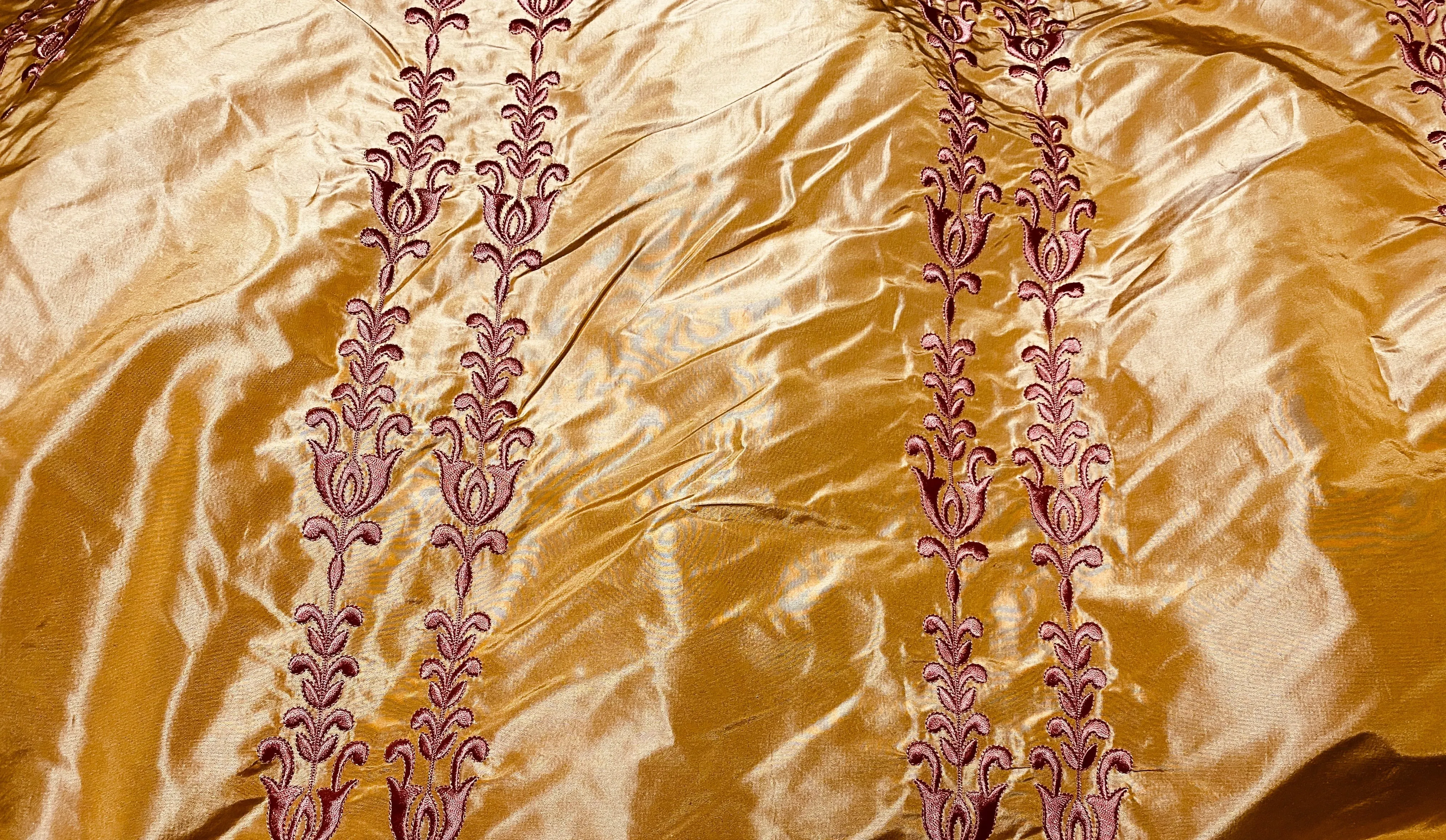 NEW Queen Marguerite 100% Silk Taffeta Fabric with Pumpkin Yellow with Dark Red Tulip Embroidery Stripes