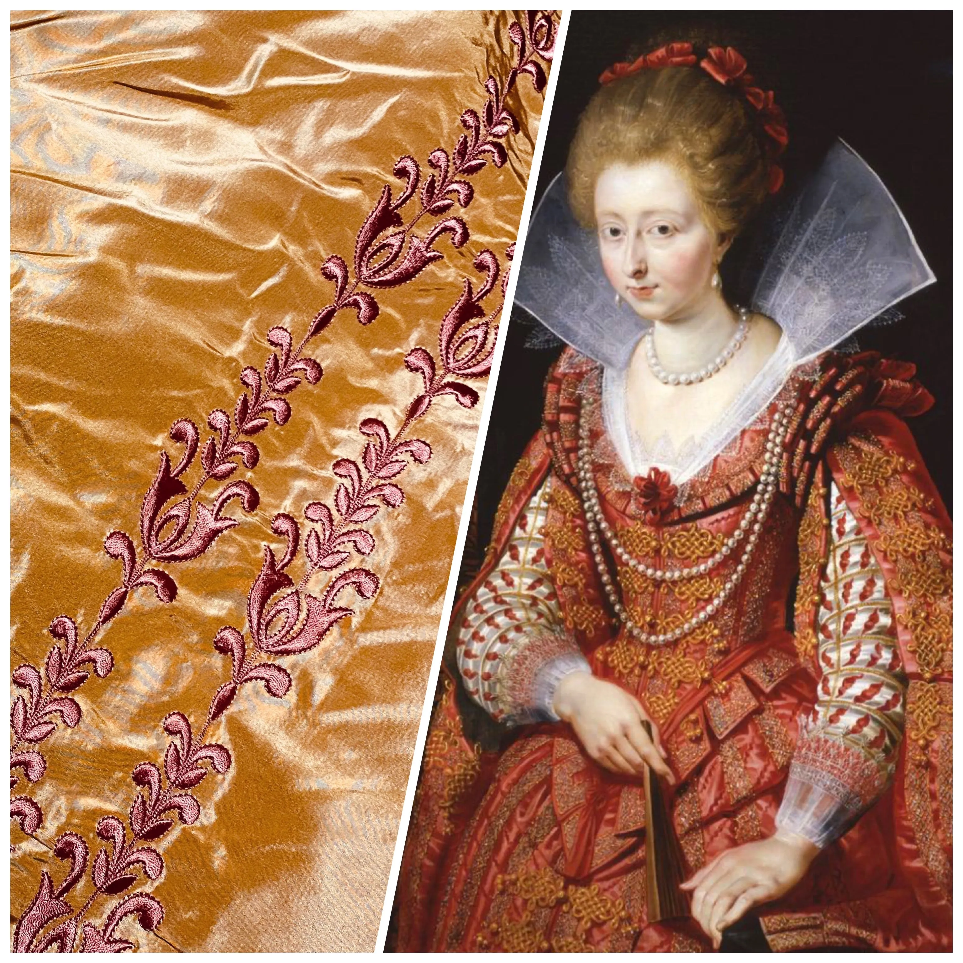 NEW Queen Marguerite 100% Silk Taffeta Fabric with Pumpkin Yellow with Dark Red Tulip Embroidery Stripes